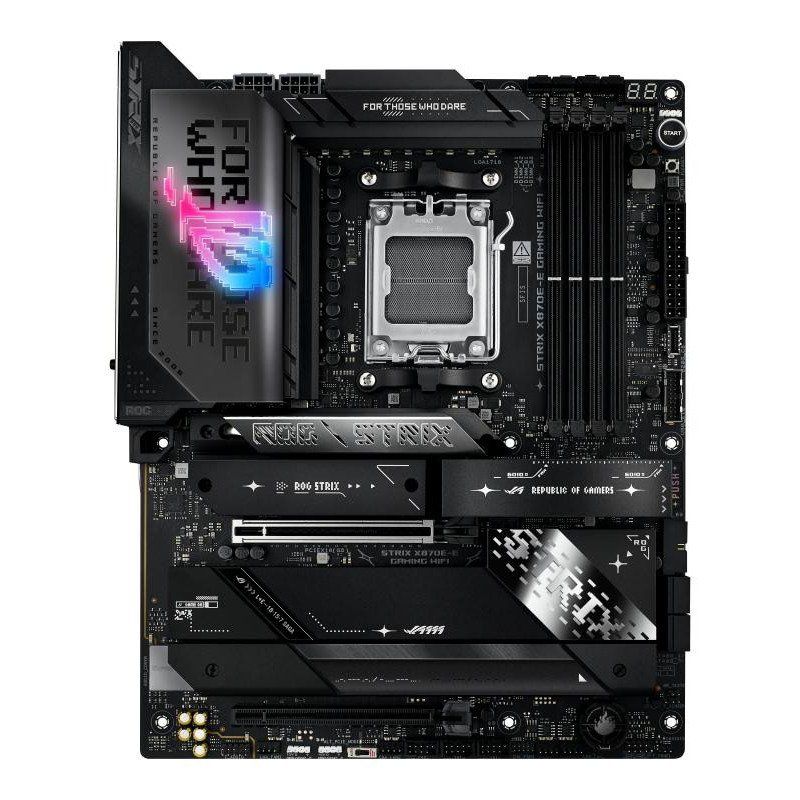 ASUS ROG Strix X870E-E Gaming WiFi – Carte mère Gaming AMD Ryzen AM5 X870E ATX (DDR5, 18+2+2 DrMOS, 5 x M.2, PCIe 5.0, WiFi 7, USB4 Type-C, USB 20Gbps Type-C up to 30W, HDMI, Aura Sync RGB)