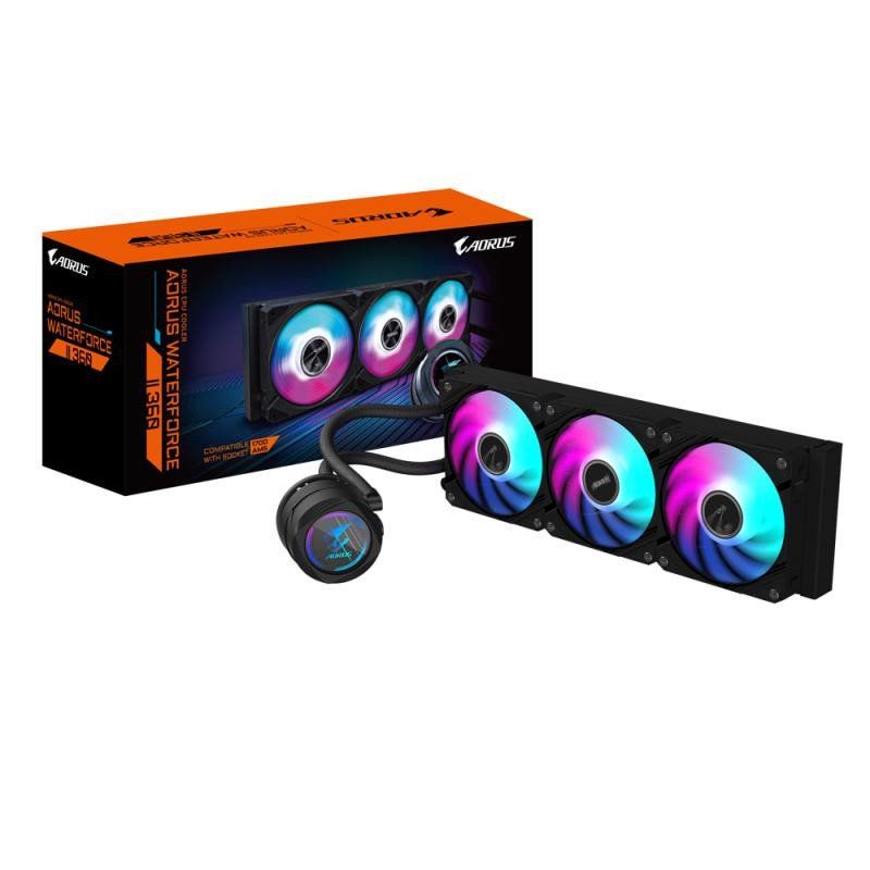 GIGABYTE AORUS WATERFORCE II 360 AIO Refroidisseur Liquide pour processeur - 3X Ventilateurs ARGB de 120 mm, mécanisme d&#39;emboîtement, Daisy-Chain, Compatible avec Intel LGA 1851 et AMD AM5