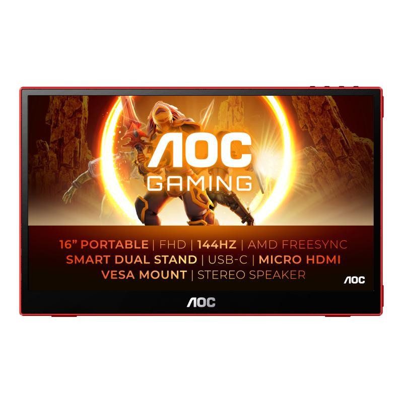 AOC 16G3 - Moniteur de jeu portable 16 pouces Full HD, FreeSync (1920x1080, 144 Hz, MicroHDMI 1.4, USB-C) noir-rouge