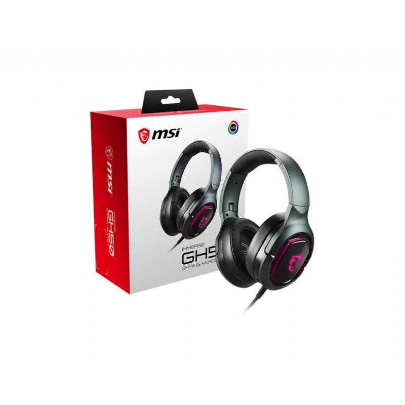 MSI IMMERSE GH50 Casque Gaming - Son Surround 7.1 Virtuel, Système de Vibrations, Transducteurs Neodymium 40mm, Rétroéclairage RGB, Micro Amovible, Contrôles sur Câble, Connecteur USB 2.0 - Filaire