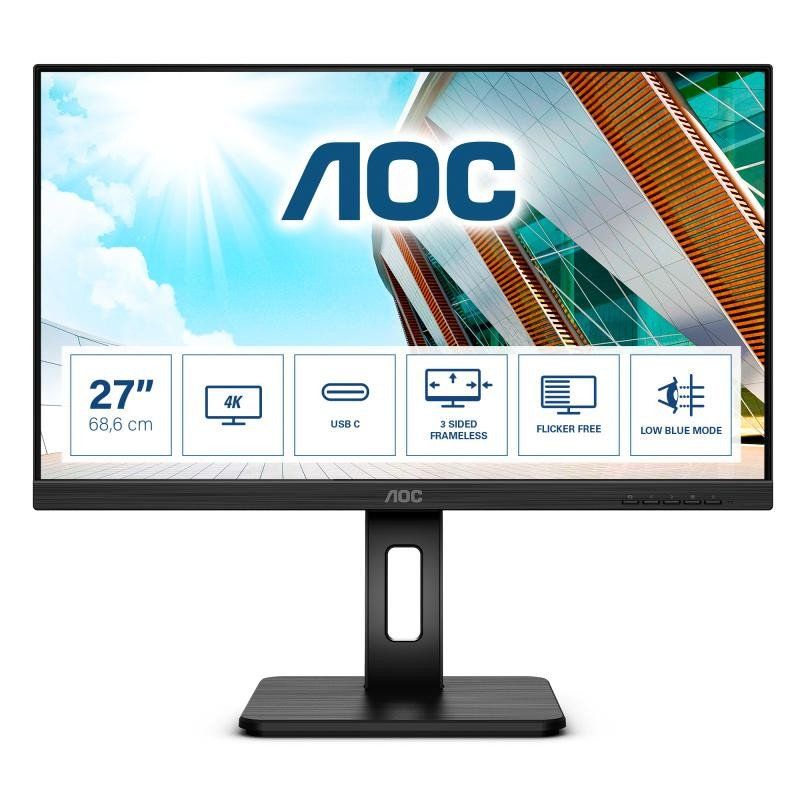 AOC U27P2CA - 27 Zoll UHD USB-C Docking Monitor, höhenverstellbar (3840x2160, 60 Hz, HDMI, DisplayPort, USB-C, USB Hub) Schwarz