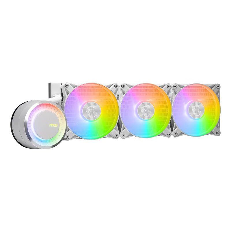 MSI MAG CORELIQUID E360 WHITE Kit Watercooling CPU, Plaque Froide en Cuivre Agrandie, Tête Waterblock ARGB &amp; Ventilateurs FDB, Double Chambre, Radiateur Split-Flow, Compatible AMD &amp; Intel