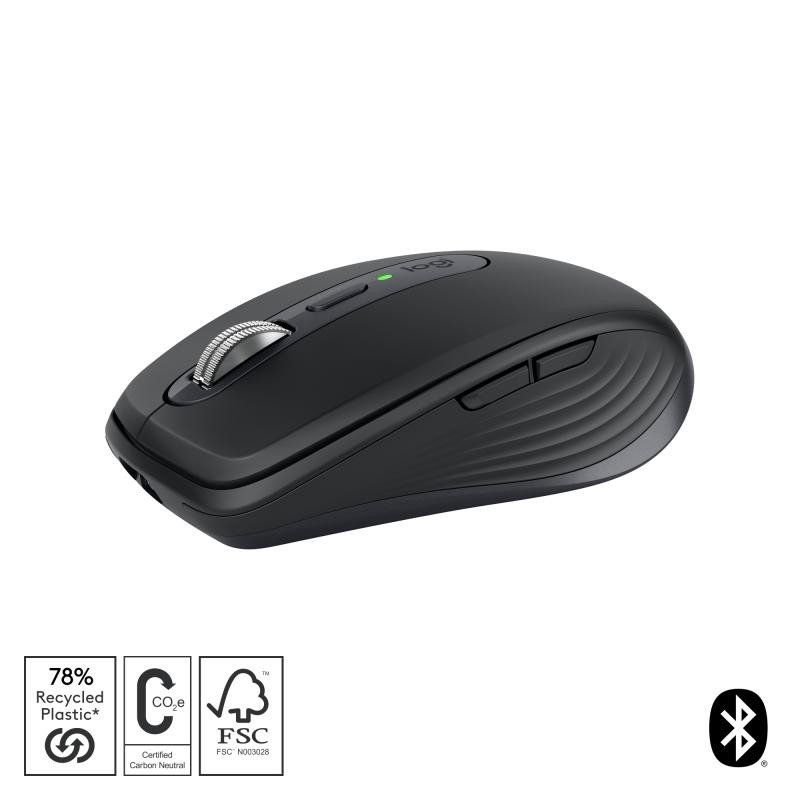 Logitech MX Anywhere 3S Souris Sans Fil Silencieuse, Compacte, Défilement Rapide, Suivi toute Surface en 8K DPI, Boutons Programmables, USB C, Bluetooth, Windows PC, Linux, Chrome, Mac - Graphite