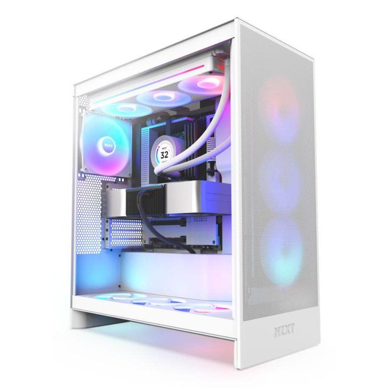 NZXT H7 Flow RGB | Tour moyenne ATX circ. d’air ventilateurs RGB | Ventilateurs inf. refroidissement direct carte graphique | Ventilateur RGB struct. unique 360 mm incl. | Gestion des câbles | Blanc