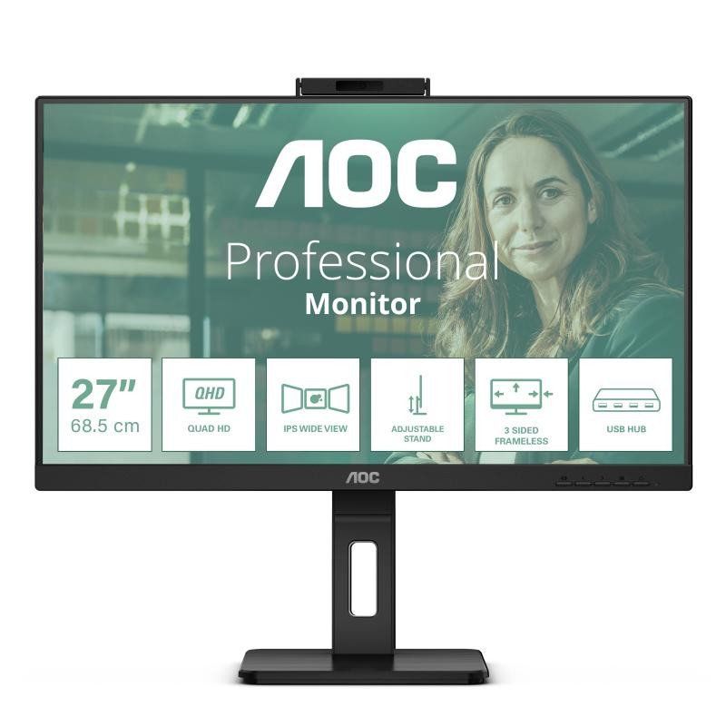 AOC Q27P3QW Moniteur QHD 27 &quot;, Webcam 2 MP, Hauteur réglable, Haut-Parleur (2560 x 1440, 75 Hz, HDMI, DisplayPort, hub USB) Noir