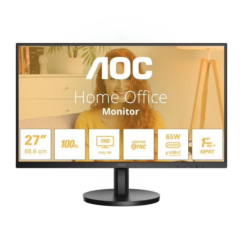 AOC 27B3CA2 - Moniteur FHD 27 pouces, 100Hz, IPS, haut-parleurs, connectivité USB-C, FlickerFree, Adaptive Sync, LowBlue (1920 x 1080, 250 cd/m2, HDMI 1.4 / USB-C 65W Power delivery)