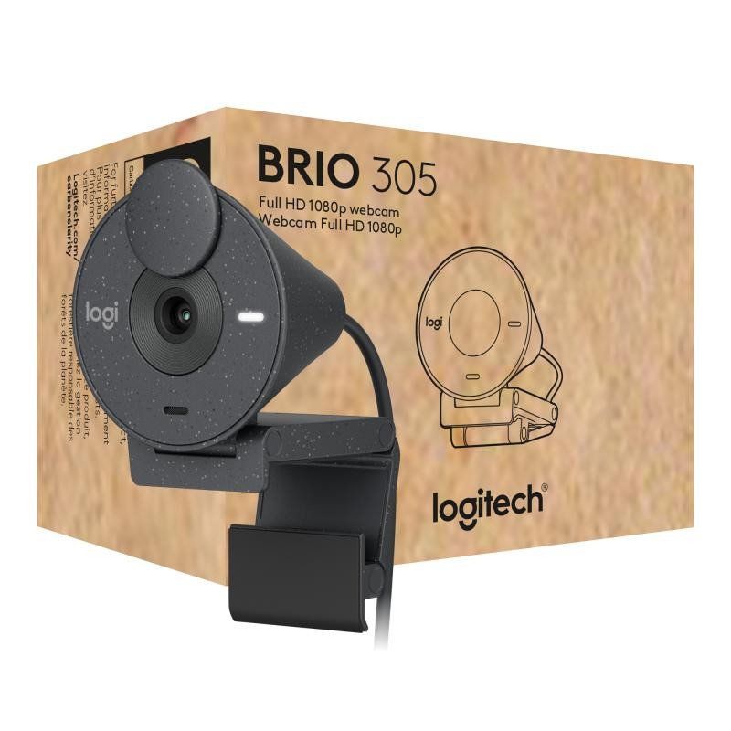 Logitech Brio 305, Webcam Full HD 1080P avec Cache de Confidentialité, Micros à Réduction de Bruit Mono, USB-C, Automatique de lumière, Compatible avec Zoom, Microsoft Teams, Google Meet - Graphite