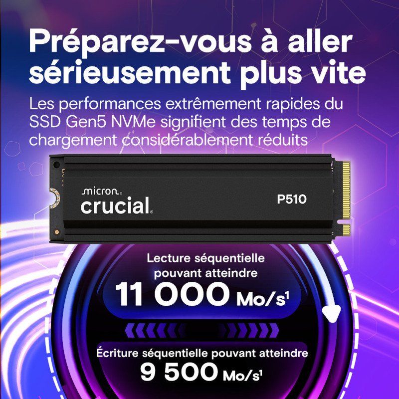 Crucial P510 SSD 1To PCIe 5.0 x4 Gen5 NVMe M.2 SSD Interne avec Dissipateur, Lecture jusqu&#39;à 11000 Mo/s, écriture jusqu&#39;à 9500 MB/s, Ordinateur de Bureau et PS5, Disque Dur - CT1000P510SSD5-01