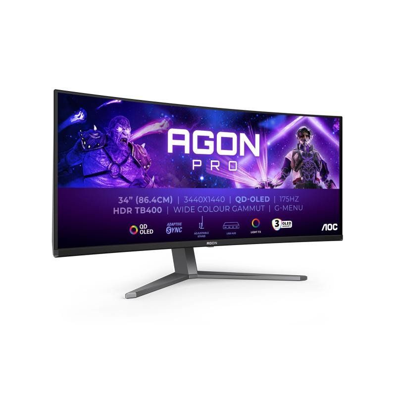 AOC Moniteur de Jeu incurvé OLED WQHD 34 Pouces, 175 Hz, 0,03 ms, FreeSync Premium Pro, Comp. G-Sync, HUB USB, 2X HDMI, DisplayPort, HDR400 (3440x1440)