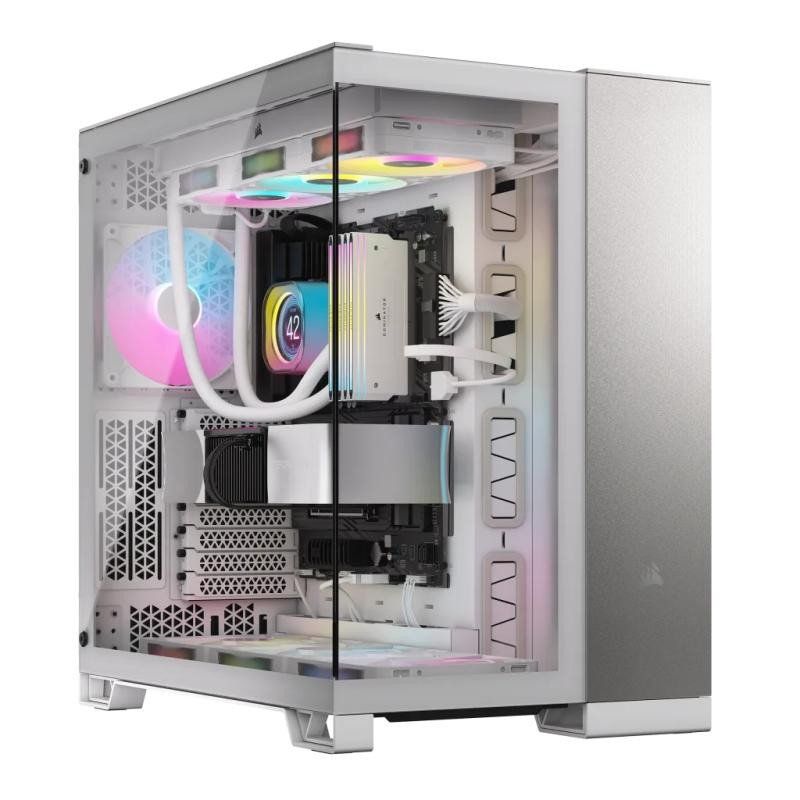 CORSAIR 6500X Boîtier PC mATX Mid-Tower à Double Chambre – Verre Trempé Panoramique - Connexion Inversée Compatible avec la Carte Mère – Pas de Ventilateurs Inclus – Blanc/Gris Satiné Aluminium