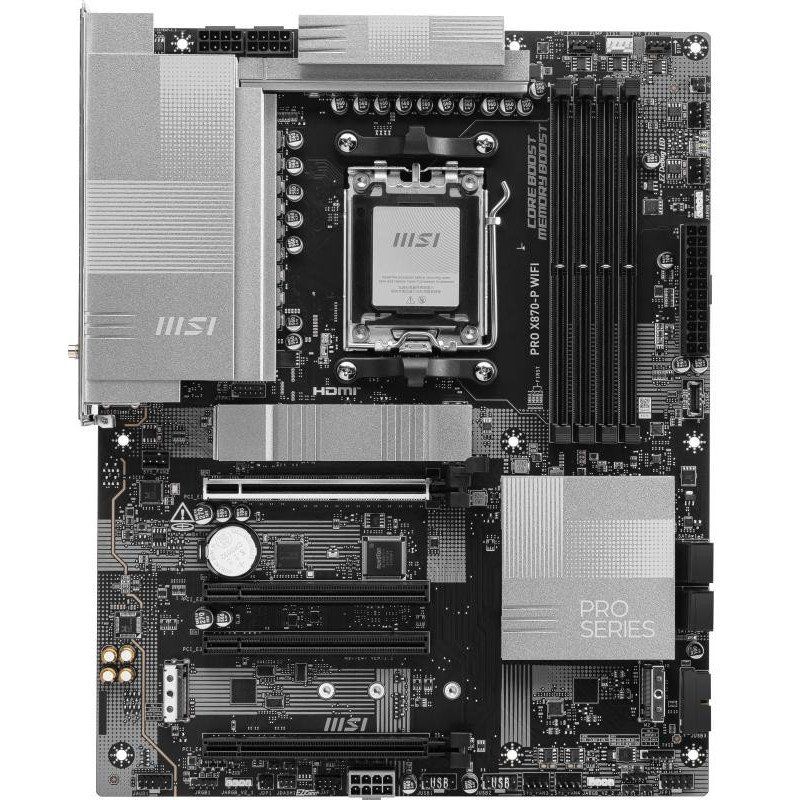MSI Pro X870-P WiFi Carte mère, ATX - pour processeurs AMD Ryzen 9000/8000 / 7000, AM5-60A SPS VRM, DDR5 Memory Boost 8200+MT/s (OC), PCIe 5.0 x16 &amp; 4.0 x16, M.2 Gen5, Wi-FI 7, 5G LAN