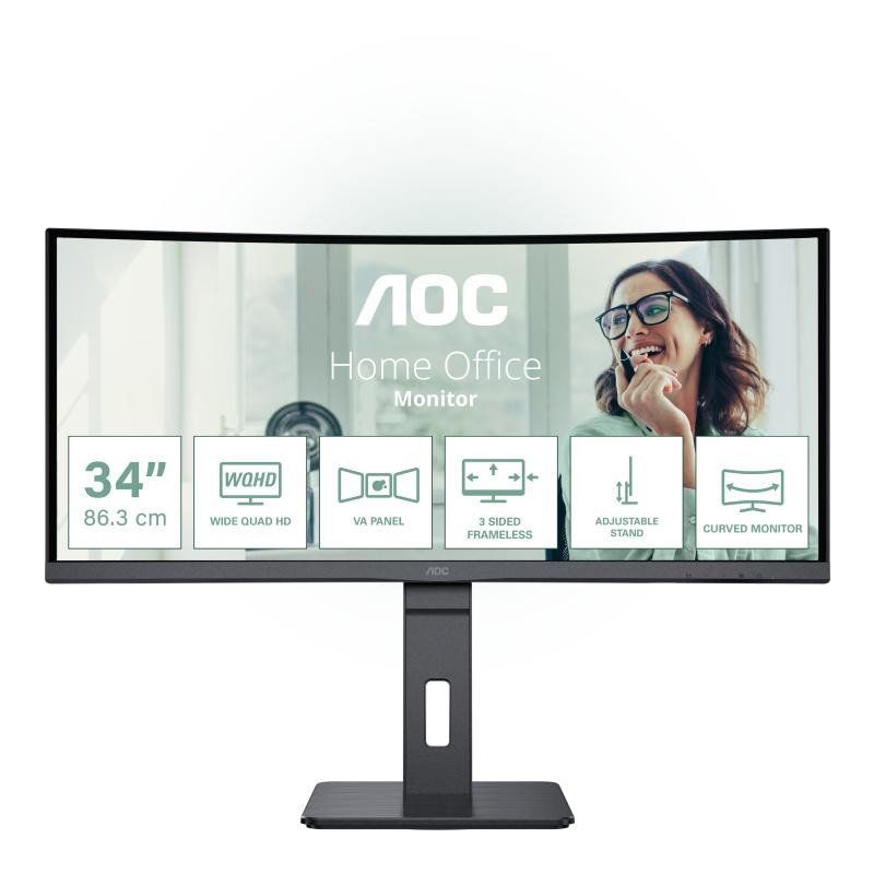 AOC CU34P3CV - Écran incurvé WQHD 34 pouces, réglable en hauteur, haut-parleurs (3440x1440, 100 Hz, HDMI, DisplayPort, USB-C (65W PD), RJ45, hub USB) noir