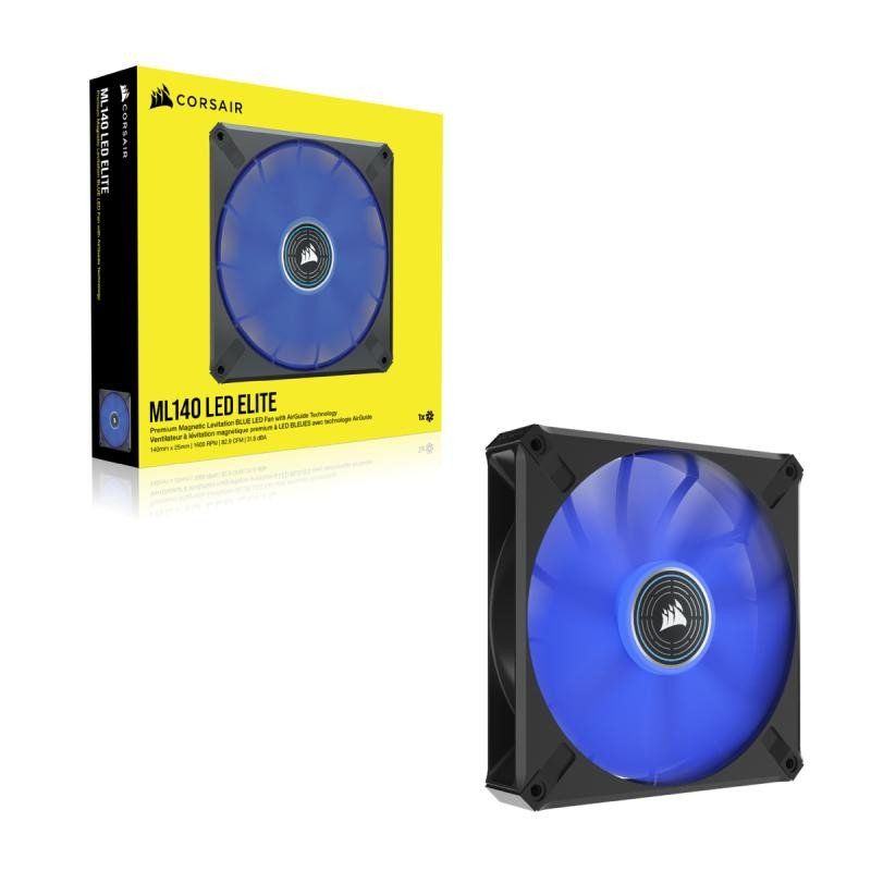 Corsair ML140 LED ELITE, 140 mm PWM Ventilateur à LED (Technologie CORSAIR AirGuide, Roulement à Lévitation Magnétique, Jusqu’à 1 600 tr/min, Huit LED Ultralumineuses, Bruit Faible) Vendu Seul, Bleu