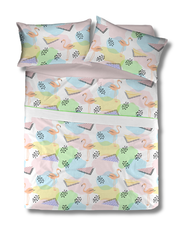 SABANAS 40% ALGODÓN 60% POLIESTER 136 HILOS, MODELO FLAMINGO ROSA TRIO INCLUYE 1 FUNDA DE ALMOHADA, BAJERA, ENCIMERA ESTAMPADA CON CENEFA Y VIVO COORDINADO