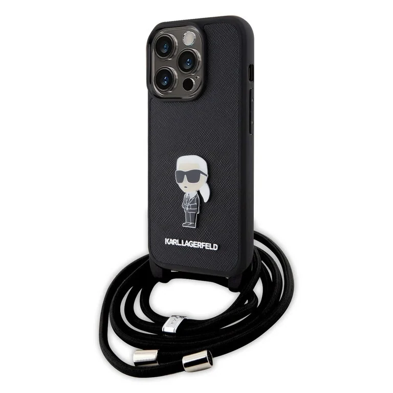 Karl Lagerfeld iPhone 15 Pro | Hardcase |  Saffiano &amp; Ikonik Metal Pin |  Crossbody | Phonecase.nl