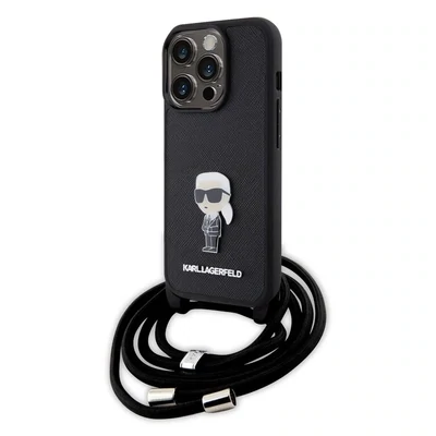 Karl Lagerfeld iPhone 15 Pro | Hardcase |  Saffiano &amp; Ikonik Metal Pin |  Crossbody | Phonecase.nl