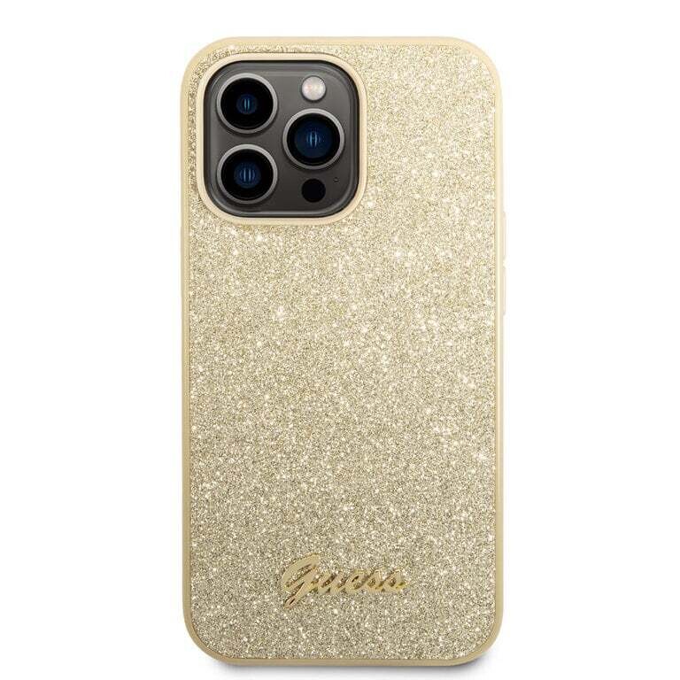Guess iPhone 14 Pro Max Hardcase Back Cover - Glitter Script - Gold | Phonecase.nl