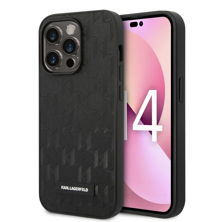 Karl Lagerfeld iPhone 14 Pro Hardcase Back Cover - Saffiano Leather - Metal Logo - Black | Phonecase.nl