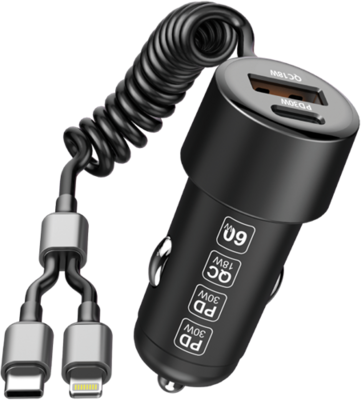 Xssive 60W PD+QC3.0 Fast Car Charger with Type-C to 8 Pin Cable XSS-CC46CL - Black