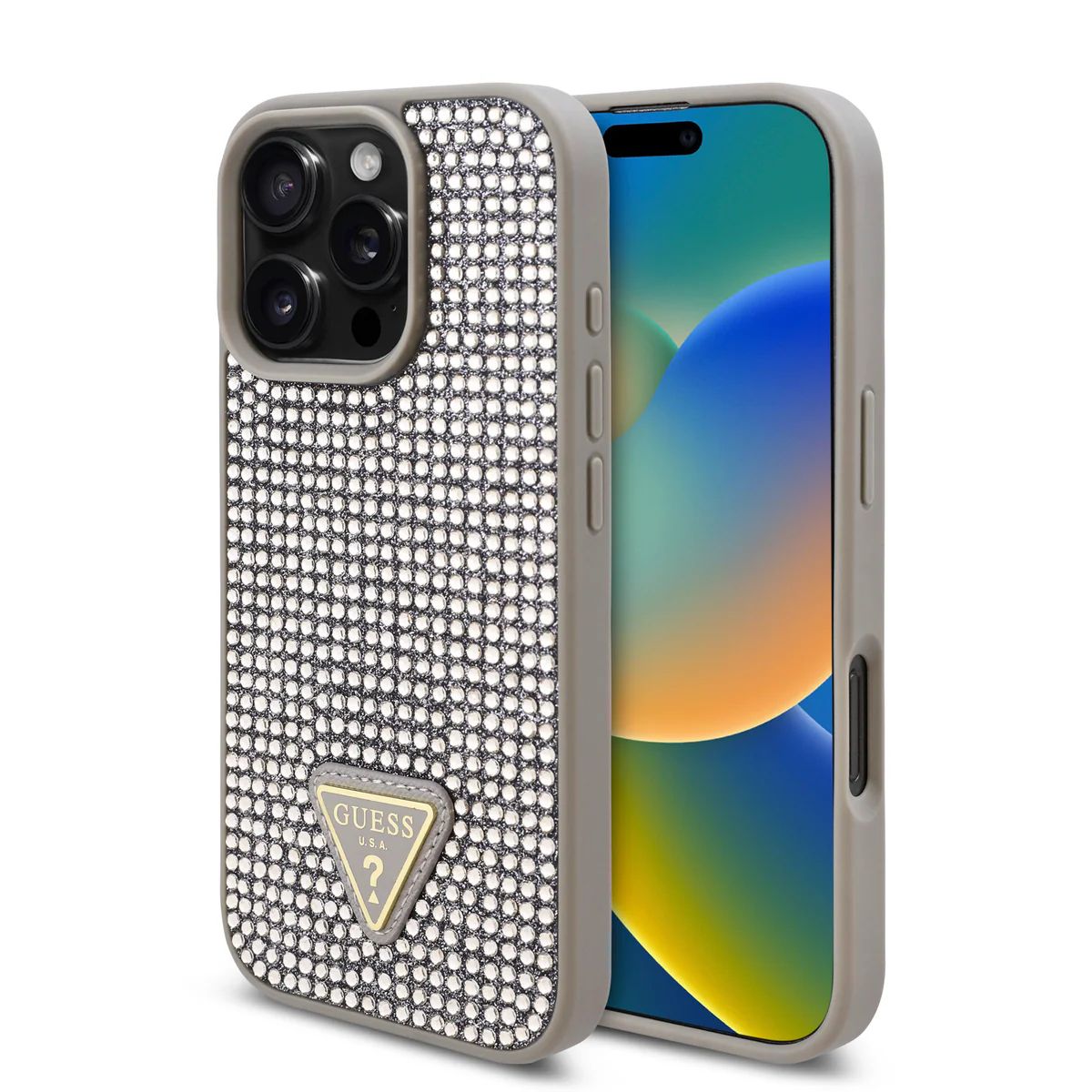 Guess iPhone 16 Pro Case | Rhinestone Triangle Logo | Phonecase.nl