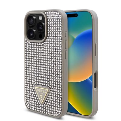 Guess iPhone 16 Pro Case | Rhinestone Triangle Logo | Phonecase.nl