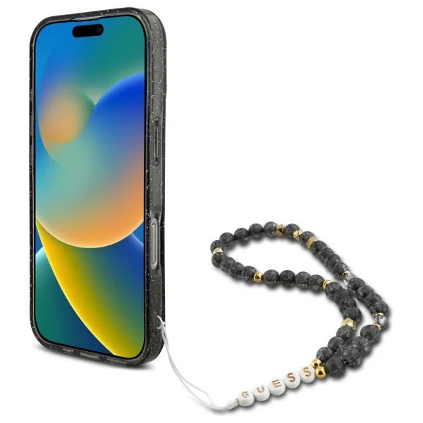 Guess iPhone 16 Pro Case | Glitter Hardcase + Pearl Strap | Phonecase.nl