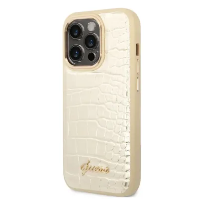 Guess iPhone 14 Pro Hardcase Achtercover - Croco - Metalen Knoppen &amp; Camera