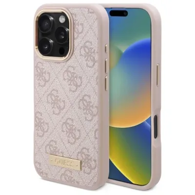 Guess iPhone 16 Pro Case | Pink Hardcase 4G Logo Plate | Phonecase.nl