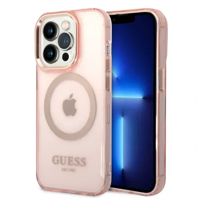 Guess iPhone 14 Pro Hardcase Backcover - Gold Buttons &amp; Camera - Magsafe Compatible - Translucent