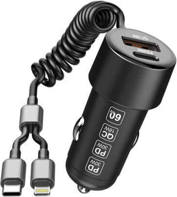 Xssive 60W PD+QC3.0 Fast Car Charger with Type-C to 8 Pin Cable XSS-CC46CL - Black