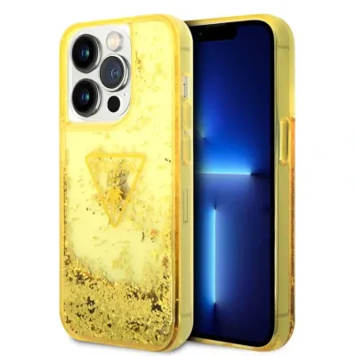 Guess iPhone 14 Pro Hardcase Back Cover - Liquid Glitter - Translucent - Yellow | Phonecase.nl