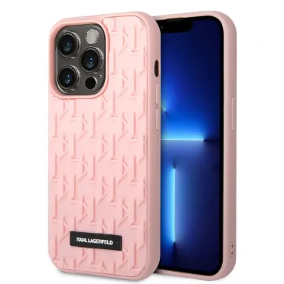 Karl Lagerfeld iPhone 14 Pro Hardcase Back Cover - Saffiano Leather - Metal Logo - Pink | Phonecase.nl