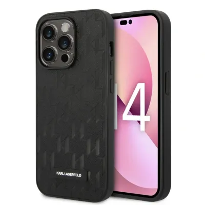 Karl Lagerfeld iPhone 14 Pro Hardcase Back Cover - Saffiano Leather - Metal Logo - Black | Phonecase.nl