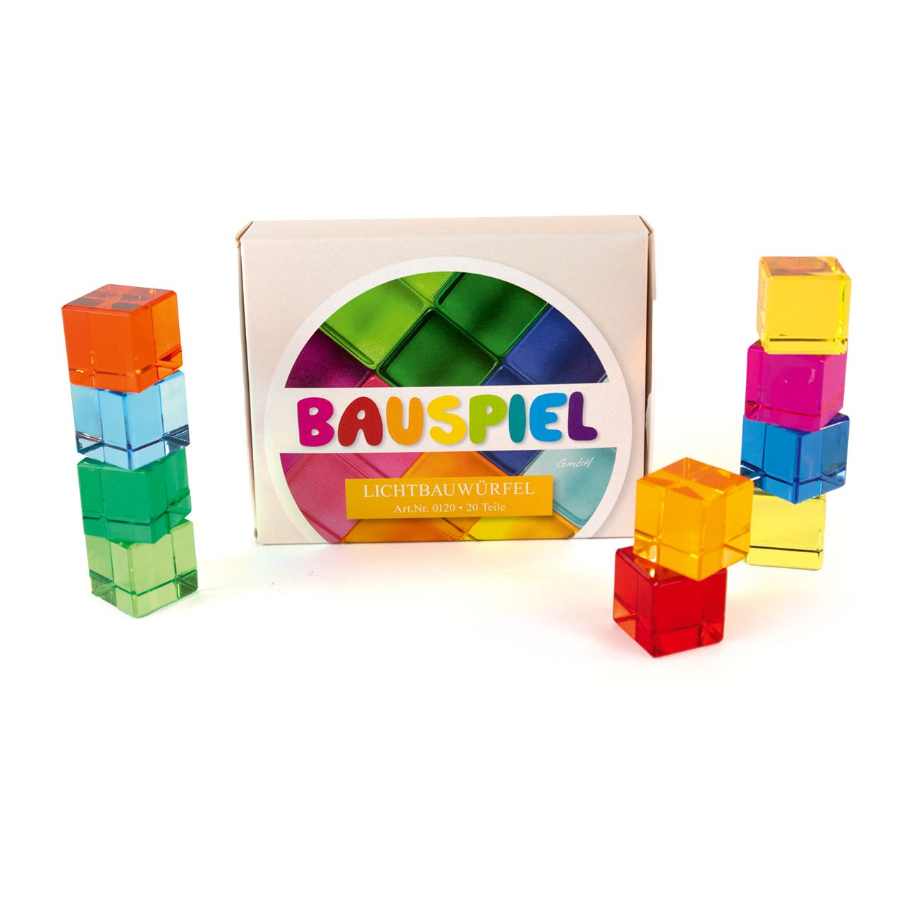 20 cubes translucides colorés arc-en-ciel Bauspiel