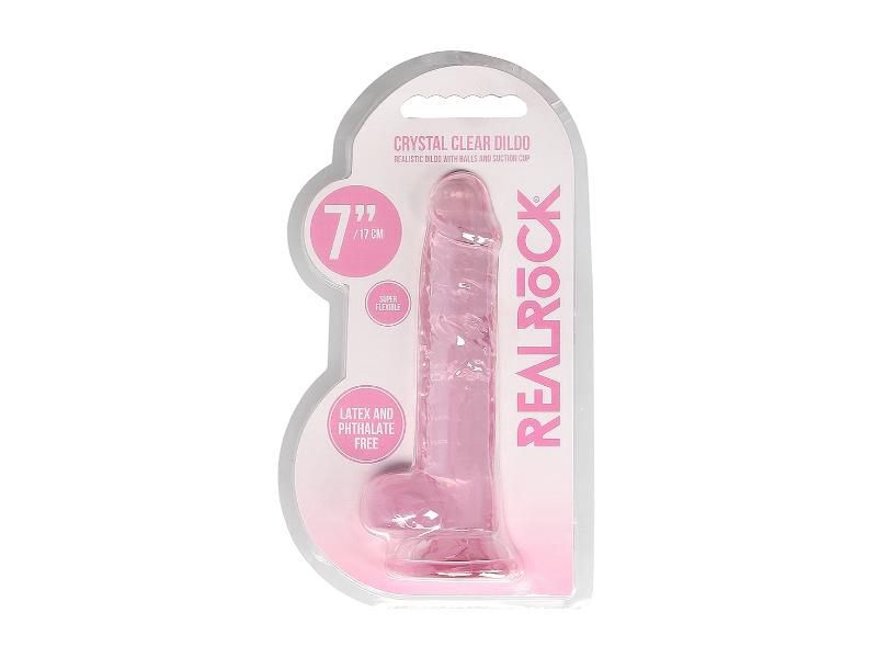 Realrock 7in Crystal Clear Realistic Dildo With Balls, Color: Pink