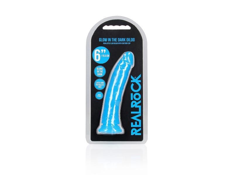Realrock 6in Glow In The Dark Neon Slim No Balls, Color: Blue