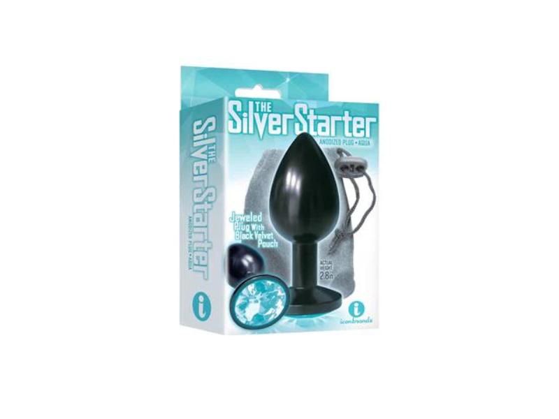 Silver Starter Noir Round Jewel Butt Plug, Item: Aqua