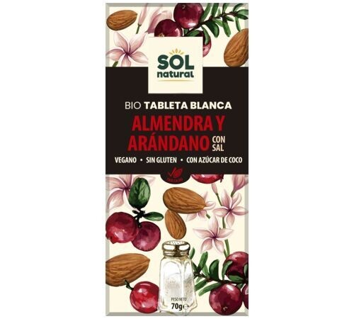 Chocolate Blanco Almendra y Arandano con Sal SinGluten Bio Vegan 70g Solnatural