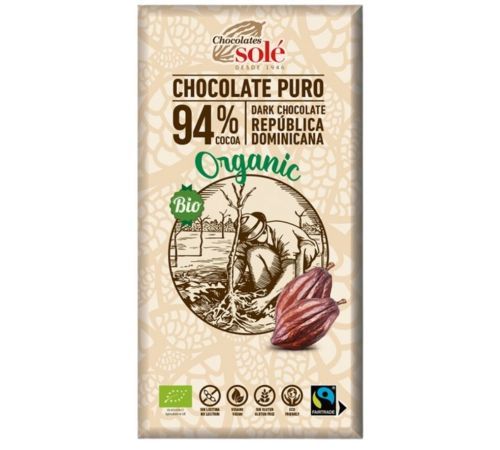 Chocolate Negro 94 SinGluten Bio Vegan 100g Chocolates Sole