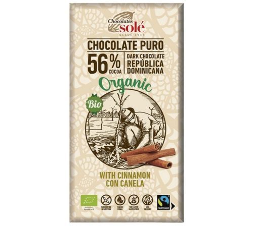 Chocolate Negro Canela 56 SinGluten Bio Vegan 100g Chocolates Sole