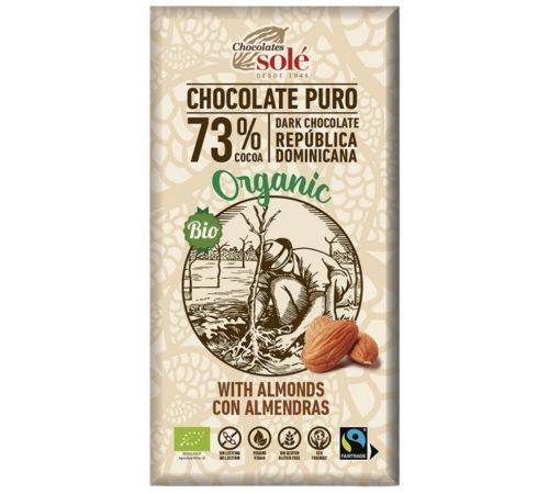 Chocolate Negro 73 con Almendras SinGluten Bio Vegan 150g Chocolates Sole