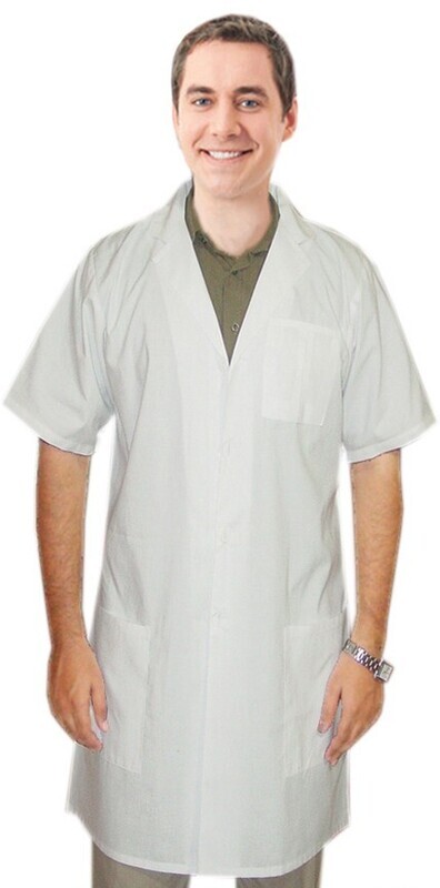 Poplin labcoat unisex half sleeve plastic buttons 3 pocket solid in 36 38 40 42 lengths