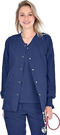 Stretchable Scrub jacket 3 pockets solid ladies full sleeves with rib snap buttons in 35% Cotton 63% Polyester 2% Spandex