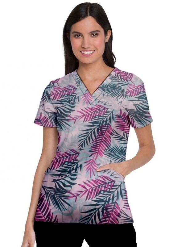 Pink leaves print Scrub Set 4 Pockets Ladies Half Sleeves (2 Pockets Top and 2 Pockets Black Pant)