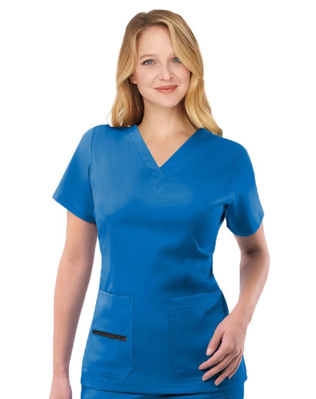 Stretch Women&#39;s Scrub Top V Neck with 2 Patch Pockets and 1 Zipped Pocket
