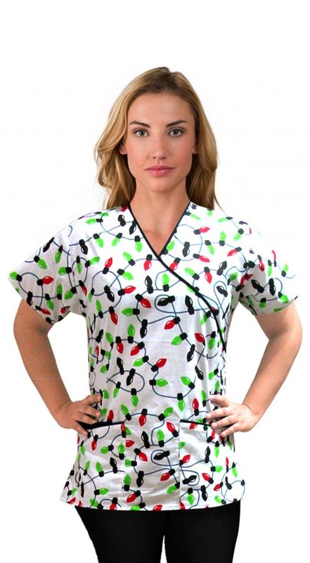 Printed scrub set mock wrap 5 pocket half sleeve in light print with black Bootcut pant (top 3 pocket with bottom 2 pocket boot cut)