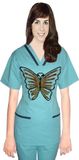 Stylish top big silver butterfly contrast bias v-neck tunic style top 2 pocket half sleeve