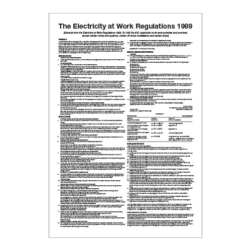 The Electricity At Work Regulations 1989 Health and Safety Wall Sign / Poster