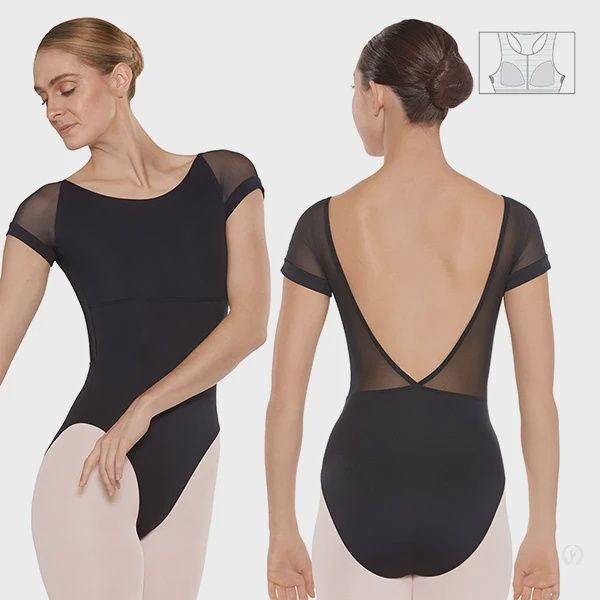 EUROTARD BLACK ADULT MESH CAP SLEEVE LEOTARD W/LOW BACK
