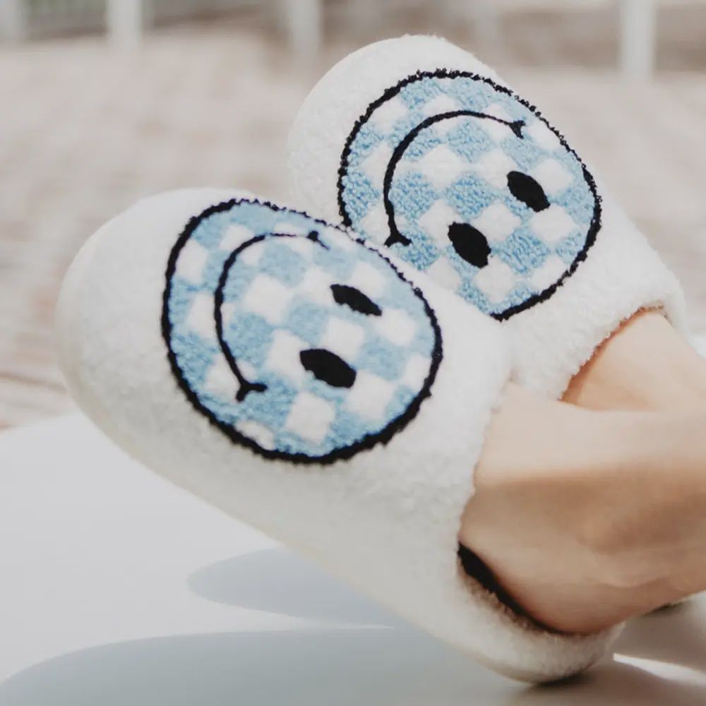KATYDID LIGHT BLUE CHECKERED HAPPY FACE SLIPPERS